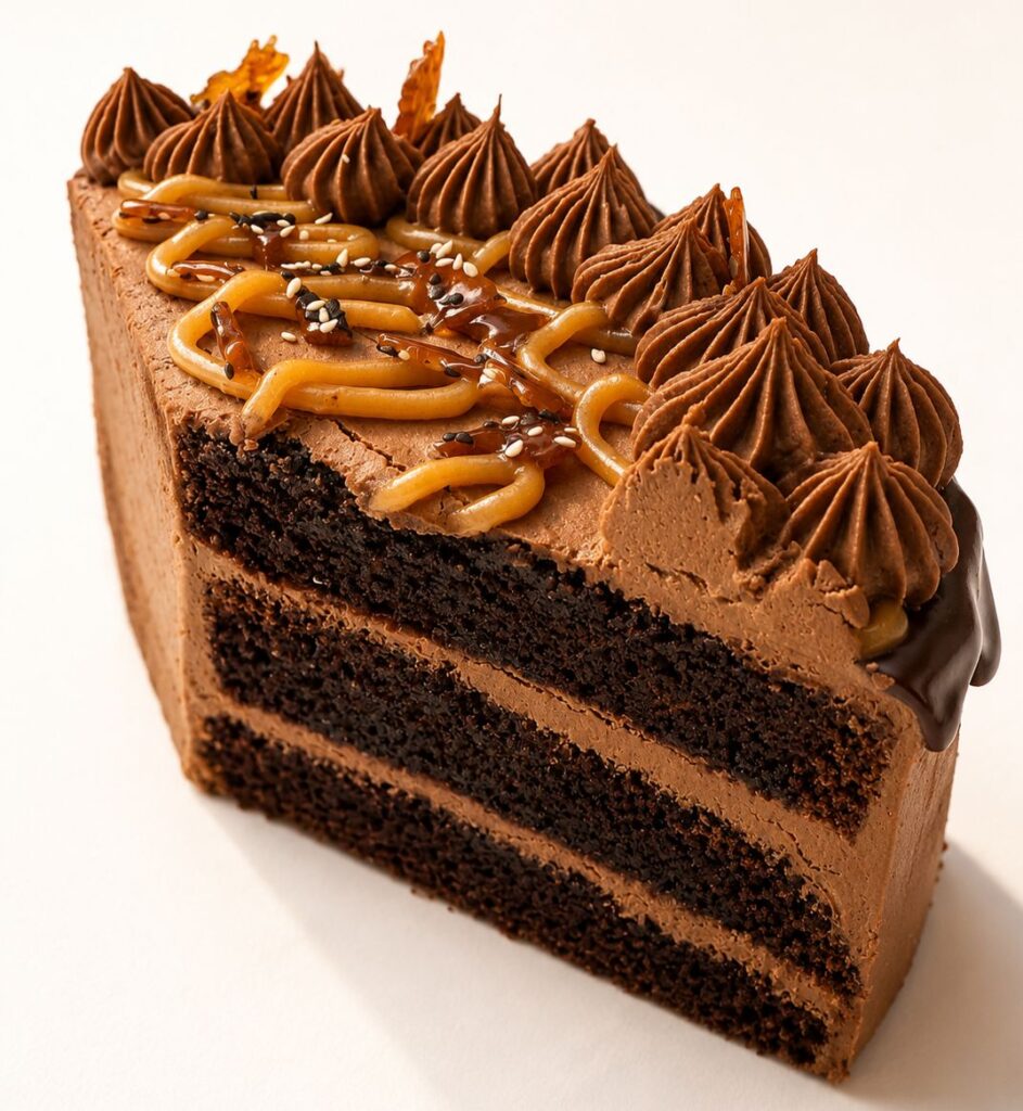 Torta de Chocolate, Manjar y Crocante de Sesamo